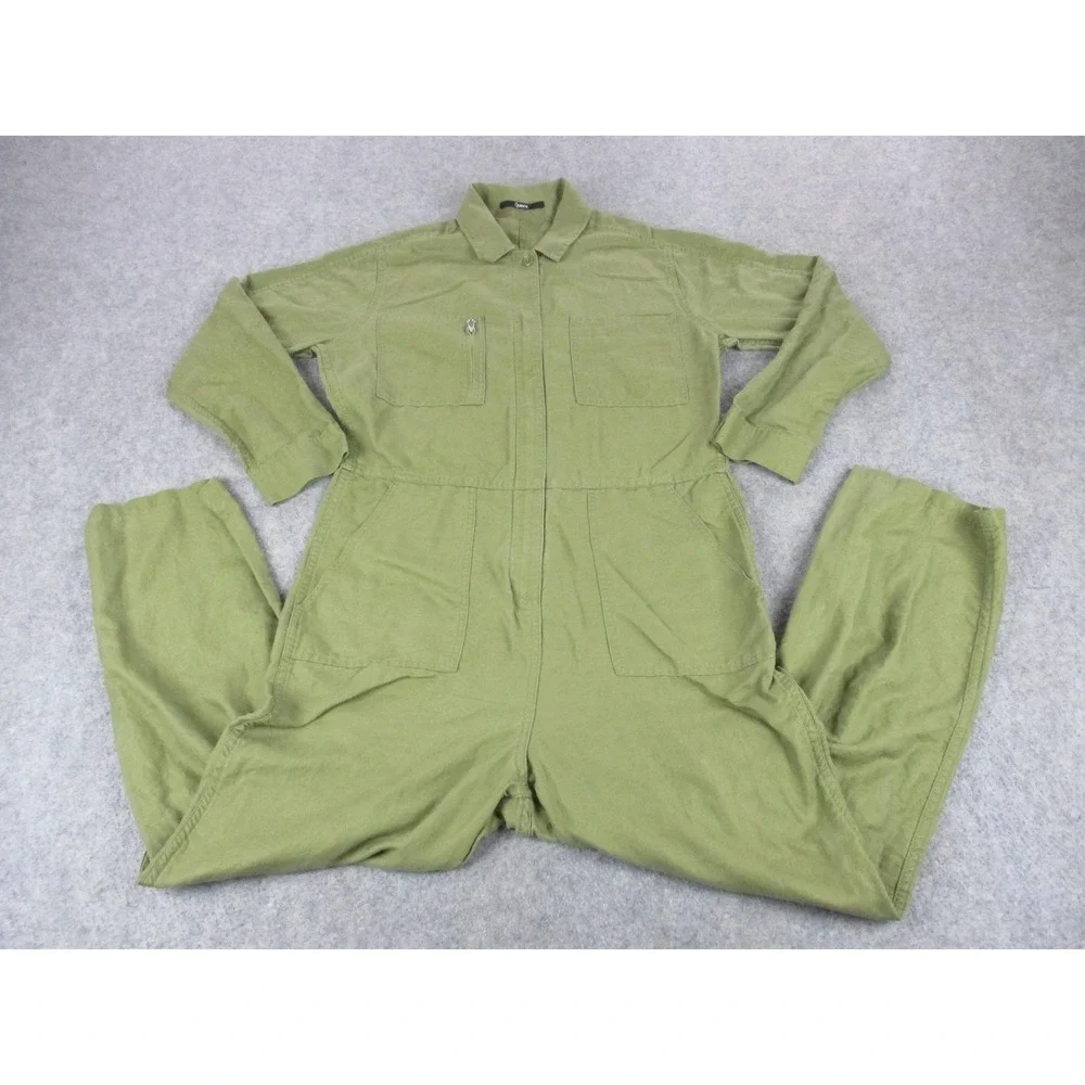 Quince Coveralls Women Large Green Linen Blend Twill Jumpsuit Zip Up Long Sleeve
